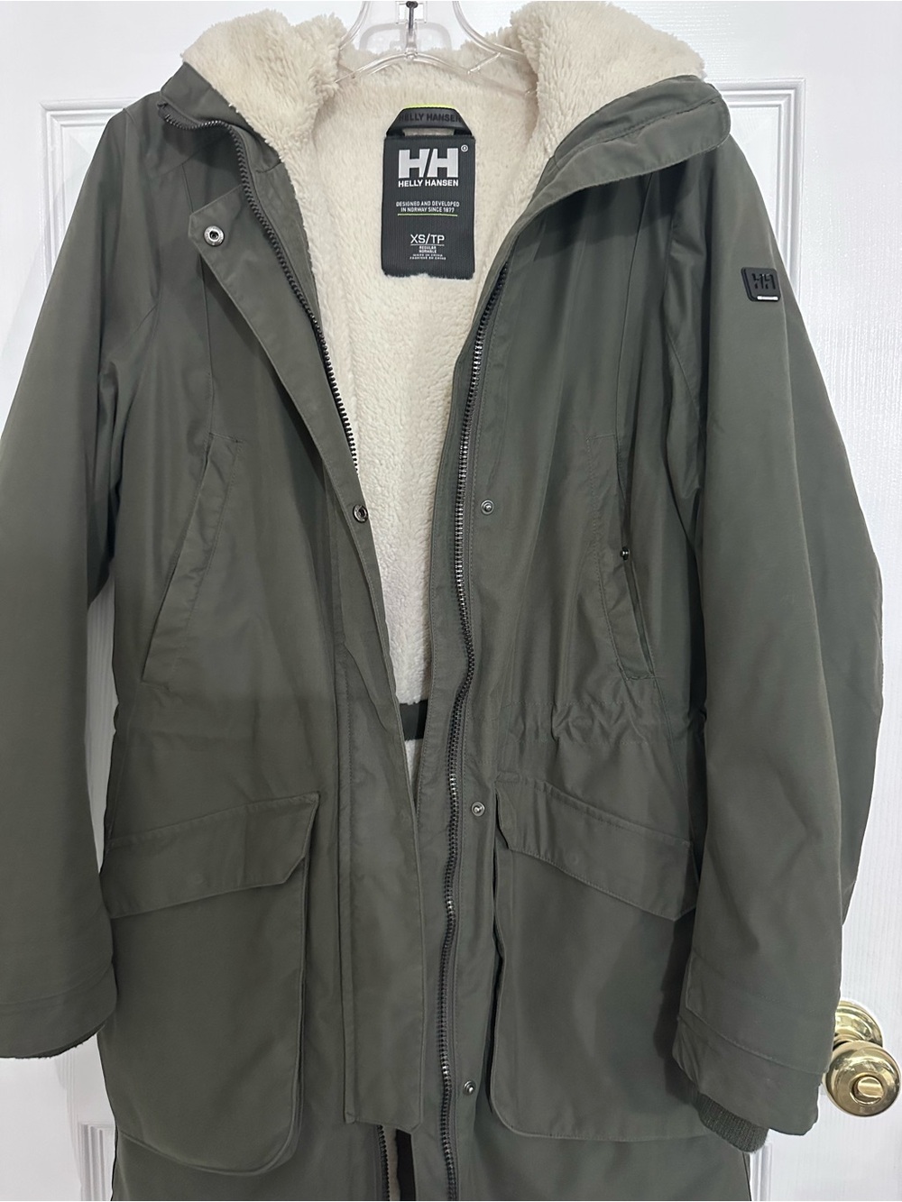 Helly Hansen Olive Green Field Parka with Cream Sherpa Lining